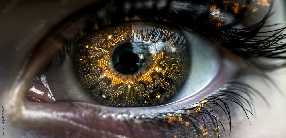 a close up of a human eye but the iris is made of tiny computer circuits