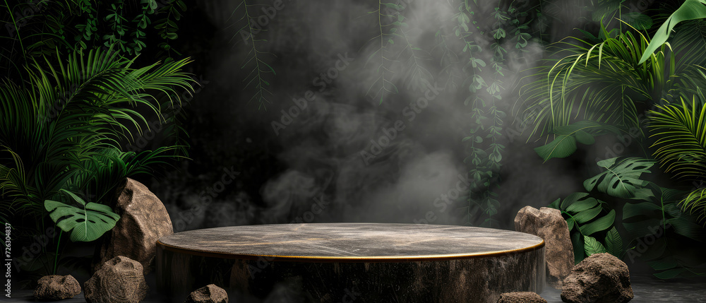 Stone platform, podium with gold, steam or smoke, on dark jungle tropical leaves background. Layout, display for product presentation. Lights, shadows effect. Generative AI Stone platform, podium with gold, steam or smoke, on dark jungle tropical leaves background. Layout, display for product presentation. Lights, shadows effect. Generative AI
