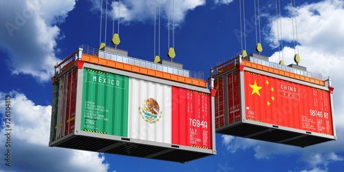 Shipping containers with flags of Mexico and China - 3D illustration