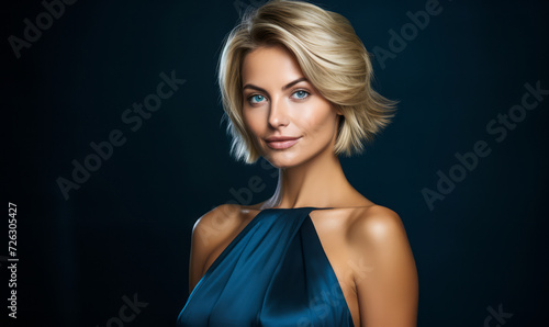 Confident mid-30s entrepreneur woman with short blonde hair wearing an elegant blue dress posing with a charming smile against a dark background