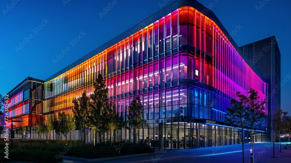 The office buildings exterior is transformed into a colorful landscape at night with the combination of lights and architecture creating a stunning visual display. The office buildings exterior is transformed into a colorful landscape at night with the combination of lights and architecture creating a stunning visual display.