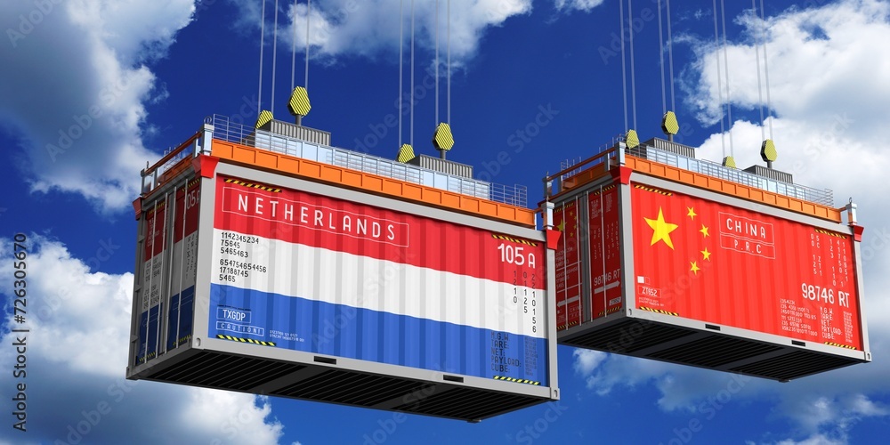 Shipping containers with flags of Netherlands and China - 3D illustration Shipping containers with flags of Netherlands and China - 3D illustration
