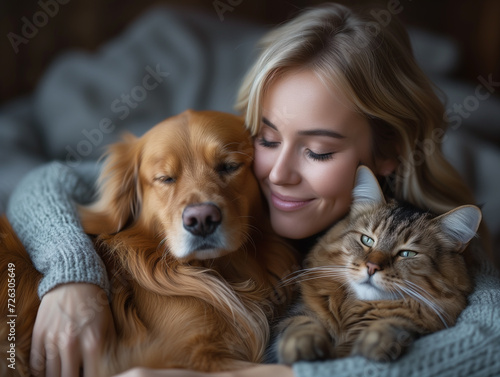 woman hugging a dog and a cat,ai