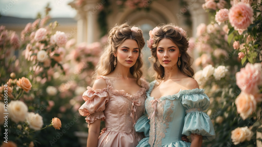 Beautiful young women in the Rococo style stand in a blooming garden ...