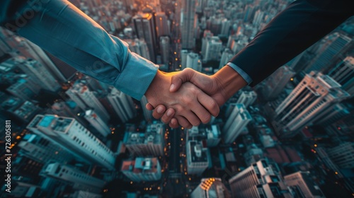 Business handshake against the backdrop of a bustling urban cityscape agreement, deal, success, teamwork, city concept