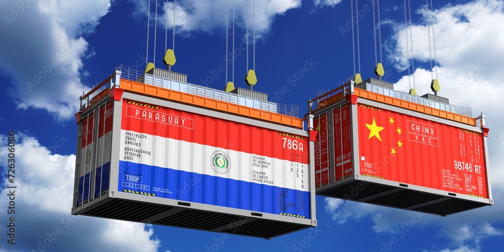Shipping containers with flags of Paraguay and China - 3D illustration