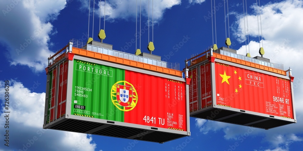 Shipping containers with flags of Portugal and China - 3D illustration Shipping containers with flags of Portugal and China - 3D illustration