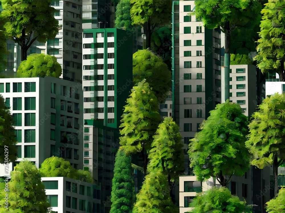 Green technology modern city concept, some buildings, some trees, fresh air, healthy lifestyle