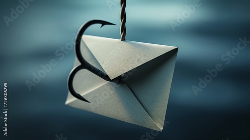 Phishing Awareness A conceptual image of a fishing hook disguised as an email icon, warning viewers about the dangers of falling for phishing scams and fraudulent emails