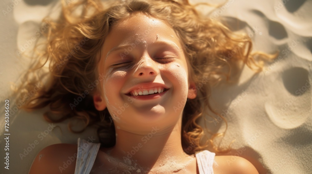 Obraz premium Happy little girl laying on the sandy beach