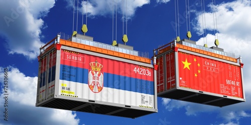Photography Shipping containers with flags of Serbia and China - 3D illustration