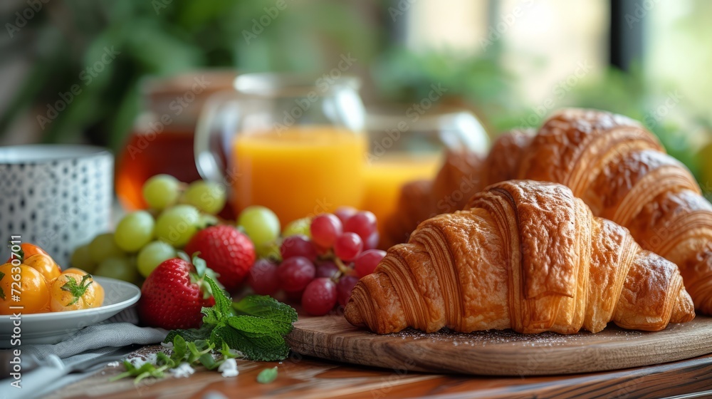 Close-up continental breakfast with freshly baked croissant, grapes and berries Close-up continental breakfast with freshly baked croissant, grapes and berries
