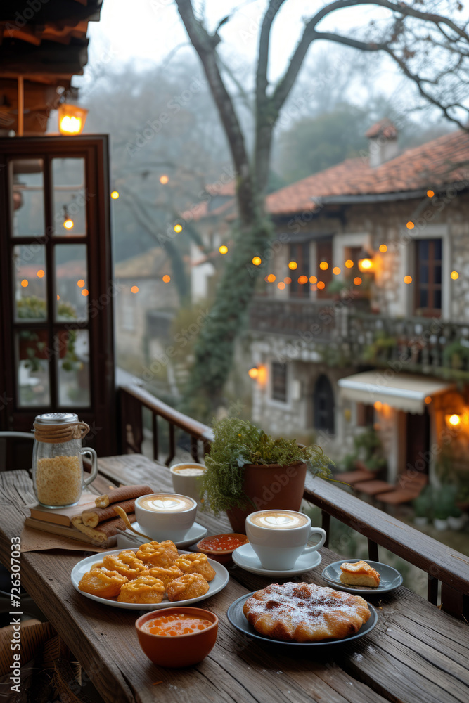 A cozy breakfast setting on a balcony overlooking a serene lake and town. Wooden table, croissants, oranges, coffee, pepper mill, potted plant, grey blanket