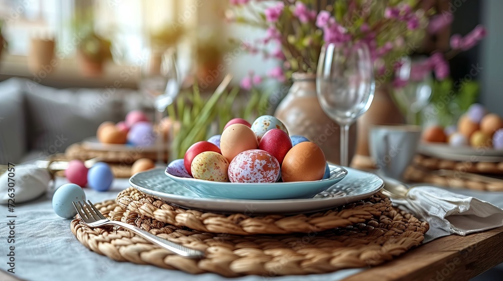 Easter colored eggs on a plate. An Easter breakfast setting concept.