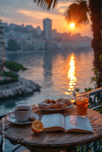 A cozy breakfast setting on a balcony overlooking a serene lake and town. Wooden table, croissants, oranges, coffee, pepper mill, potted plant, grey blanket