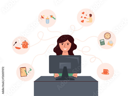 Busy mom. Cartoon character multitasking super mother on maternity leave, working from home, doing household chores. Vector illustration of woman busy housewife mom doing housework.