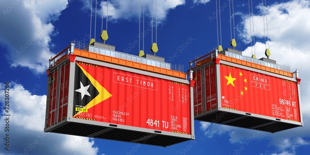 Shipping containers with flags of East Timor and China - 3D illustration