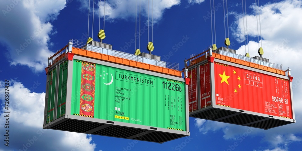 Shipping containers with flags of Turkmenistan and China - 3D illustration