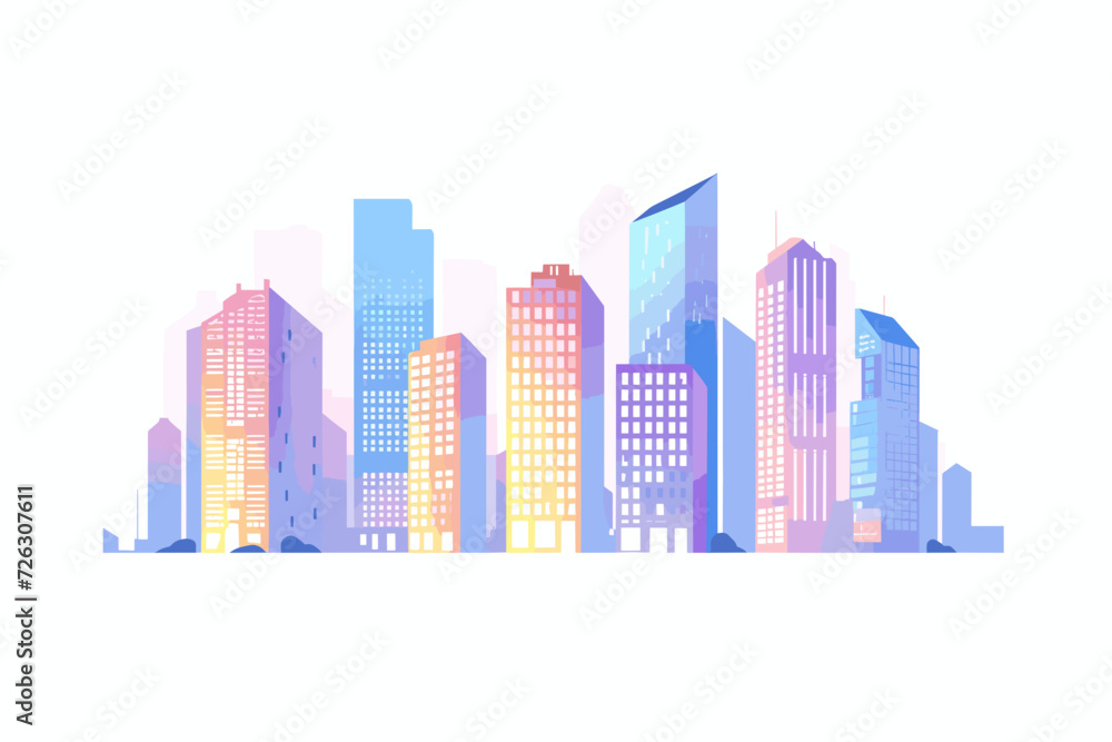 A vibrant vector illustration featuring a city block in the downtown area, adorned with bright colors, set against a clean white background.