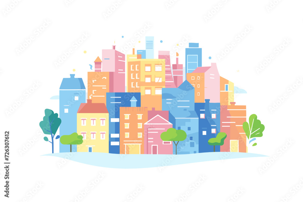 An engaging vector illustration featuring city buildings against a clean white background. An engaging vector illustration featuring city buildings against a clean white background.