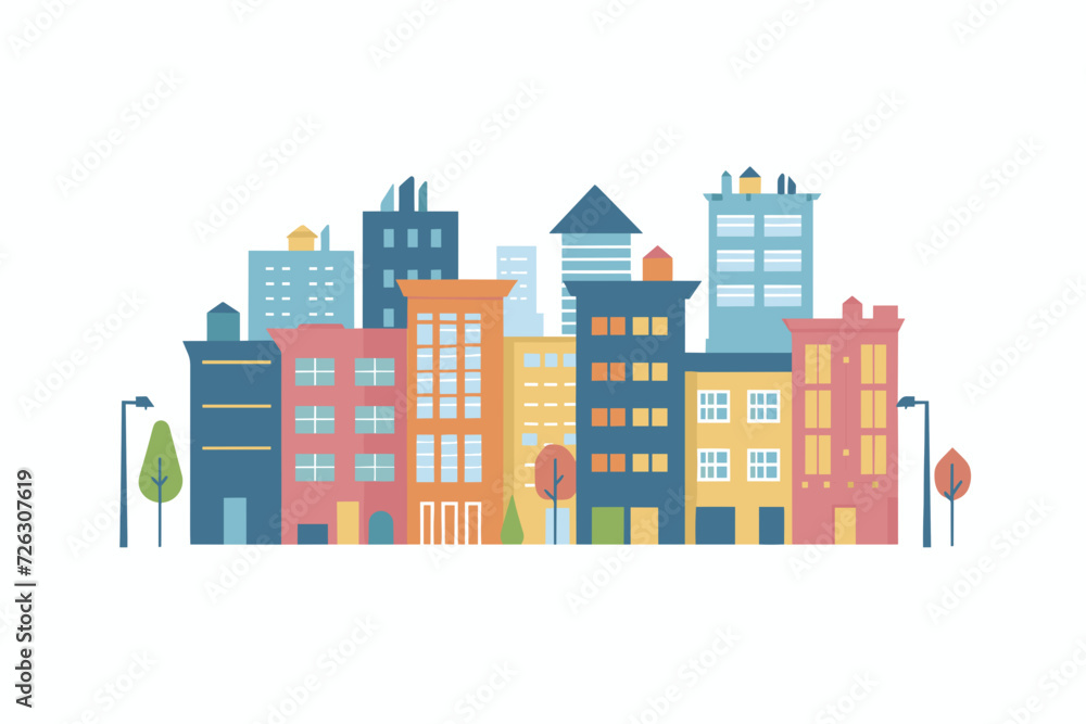 A vector illustration of a lively city street with colorful buildings, trees, and a white background.