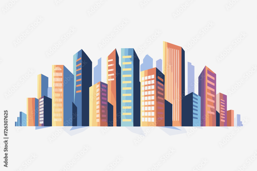 A dynamic vector illustration capturing a city block in the downtown area, characterized by bold color contrasts and presented on a white background.