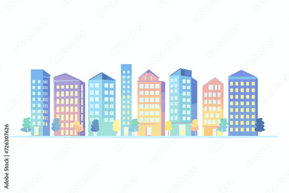 A vivid vector illustration depicting a city block with brightly colored buildings, all set against a clean white background.