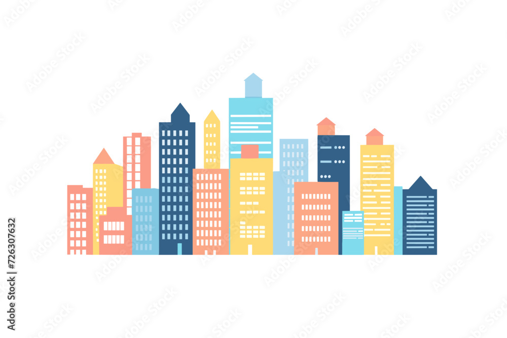 A vector illustration showcasing a lively city block with vibrant and colorful buildings, set against a white background.