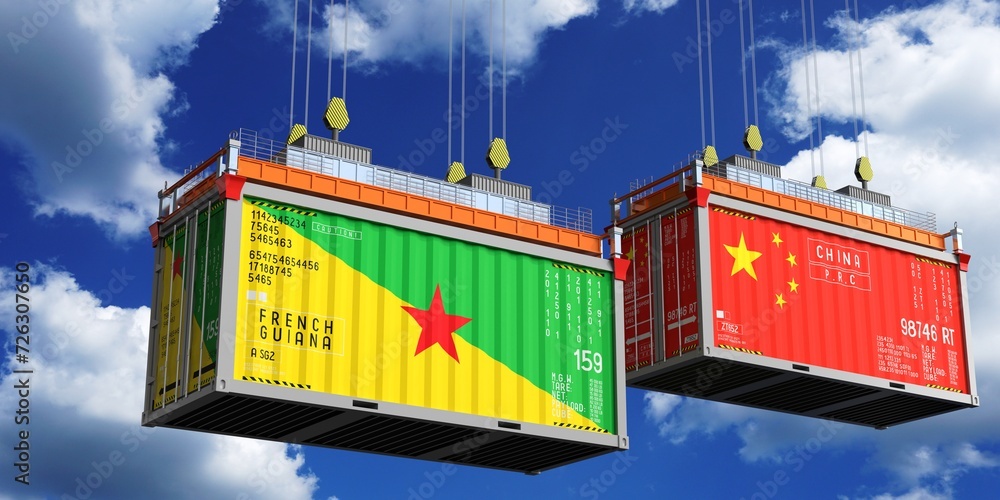 Shipping containers with flags of French Guiana and China - 3D illustration