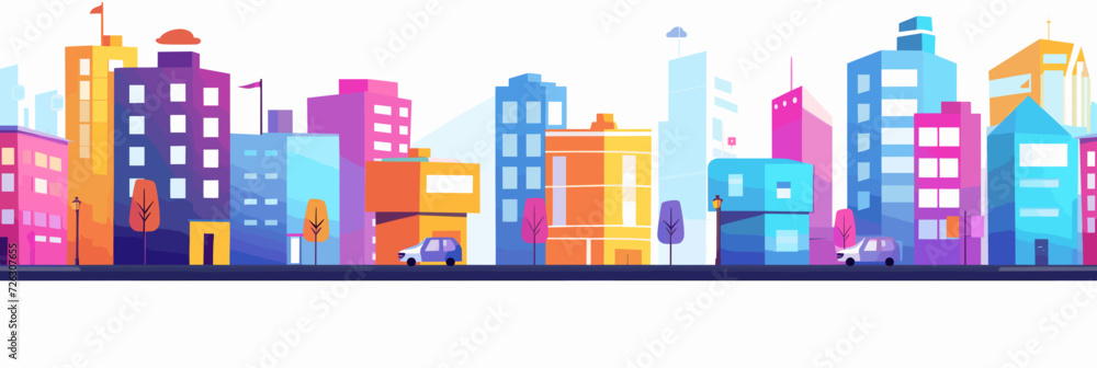 A vector illustration showcasing a lively city street with colorful buildings and cars, set against a white background.
