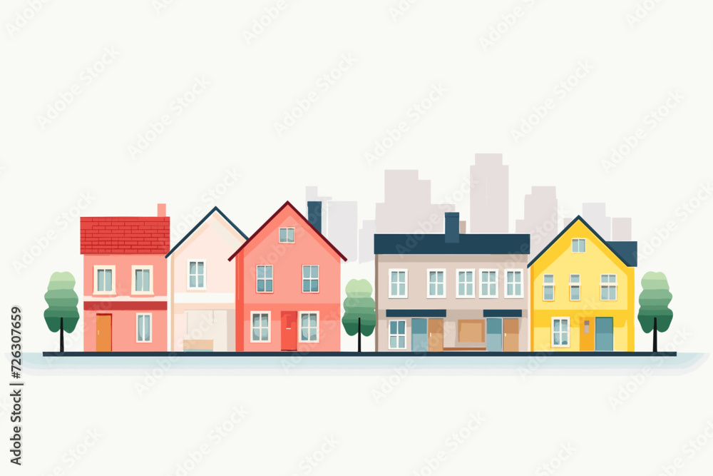 Vector illustration featuring houses with a city downtown in the background, set against a white background.