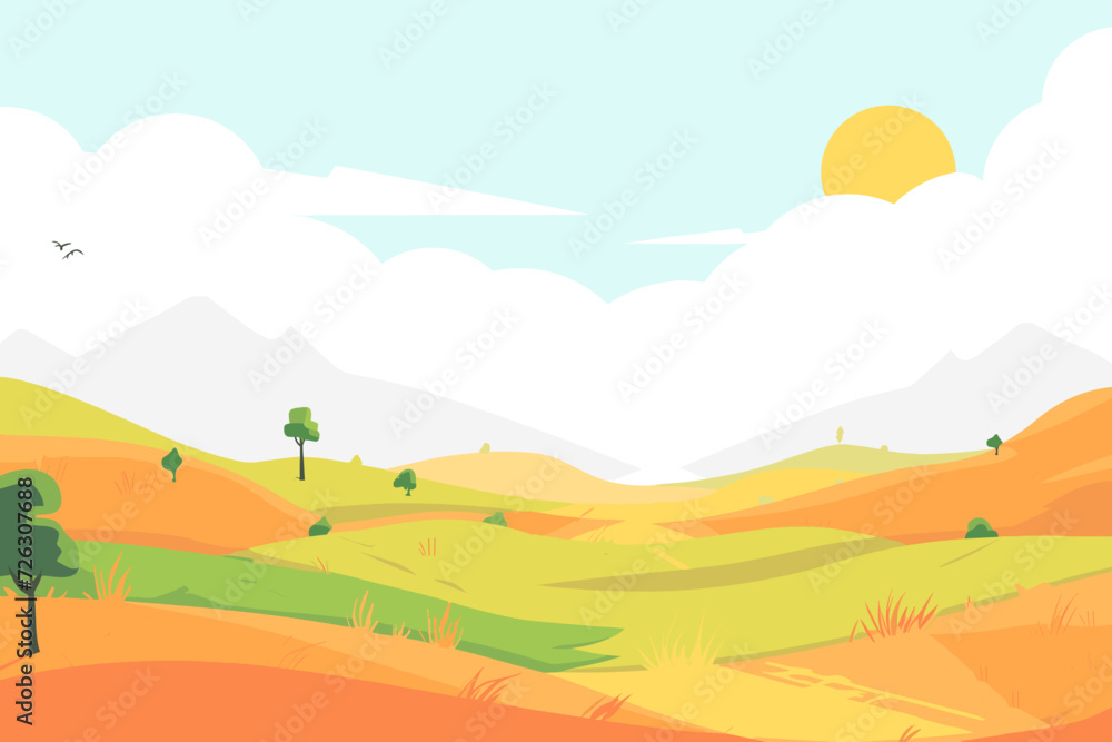 A serene autumn landscape is portrayed through a vector illustration featuring trees in a field, with the sun shining through clouds in the sky.