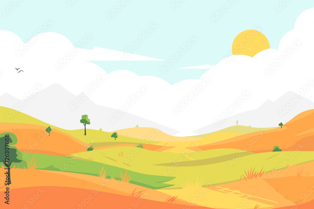 A serene autumn landscape is portrayed through a vector illustration featuring trees in a field, with the sun shining through clouds in the sky. A serene autumn landscape is portrayed through a vector illustration featuring trees in a field, with the sun shining through clouds in the sky.