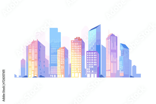 A vibrant vector illustration featuring a city block in the downtown area, adorned with bright colors, set against a clean white background.