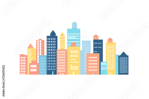 A vector illustration showcasing a lively city block with vibrant and colorful buildings  set against a white background.