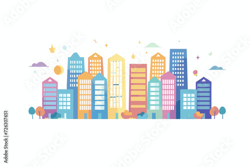 A vibrant vector illustration featuring a city block adorned with colorful buildings and trees  set against a white background.