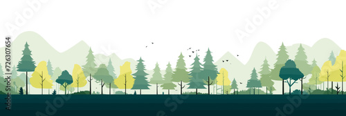A wide-format vector illustration portraying a lush summer green forest, set against a white background.