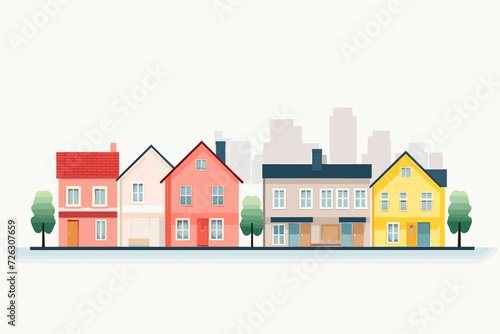 Vector illustration featuring houses with a city downtown in the background, set against a white background.