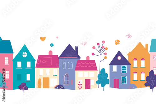 A whimsical and vibrant children's book illustration style showcasing colorful houses and trees in a delightful vector composition against a clean white background.