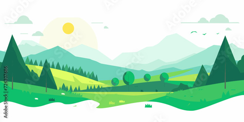 In this vector illustration of a summer landscape  a vibrant green forest with towering trees extends towards distant mountains  under a sun-drenched sky adorned with fluffy clouds.