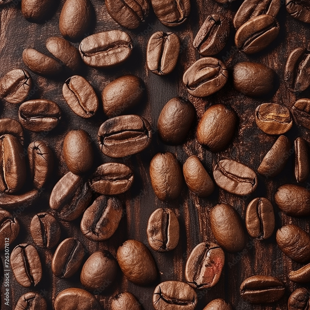 Naklejka premium A heap of roasted coffee beans, their rich brown color and inviting aroma filling the close-up frame