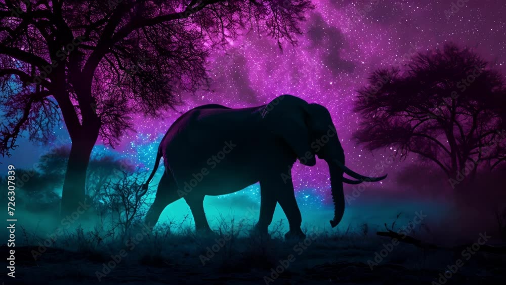 A neon purple and teal elephant silhouette walking through a dark savanna its tusks glowing in the moonlight. A neon purple and teal elephant silhouette walking through a dark savanna its tusks glowing in the moonlight.