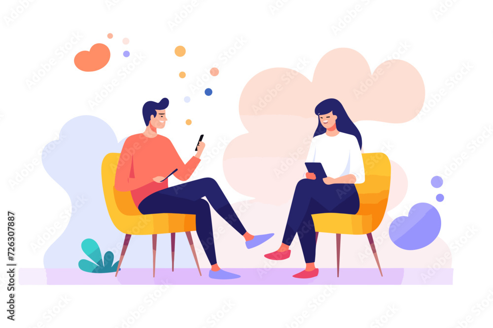 The vector illustration portrays two people sitting and engaged in a conversation, creating a scene of relaxed and meaningful interaction. The vector illustration portrays two people sitting and engaged in a conversation, creating a scene of relaxed and meaningful interaction.