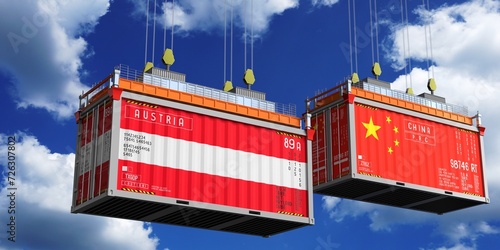 Shipping containers with flags of Austria and China - 3D illustration