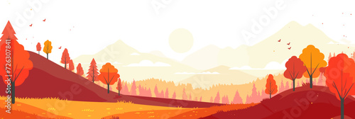 In this vector illustration of an autumn landscape, vibrant red trees stand against the backdrop of distant mountains, creating a serene and colorful scene. © DIMENSIONS