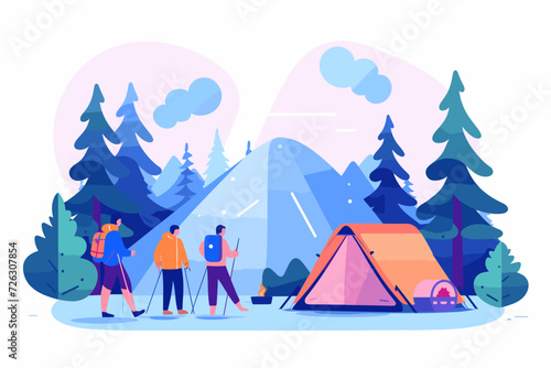 The vector illustration depicts a camping scene with a tent surrounded by trees, capturing the essence of outdoor adventure and nature retreat. © DIMENSIONS