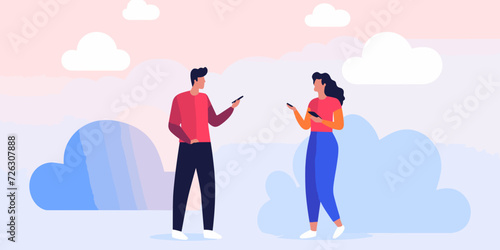 The vector illustration depicts two people standing and engaged in a conversation, conveying a moment of interpersonal interaction and communication.
