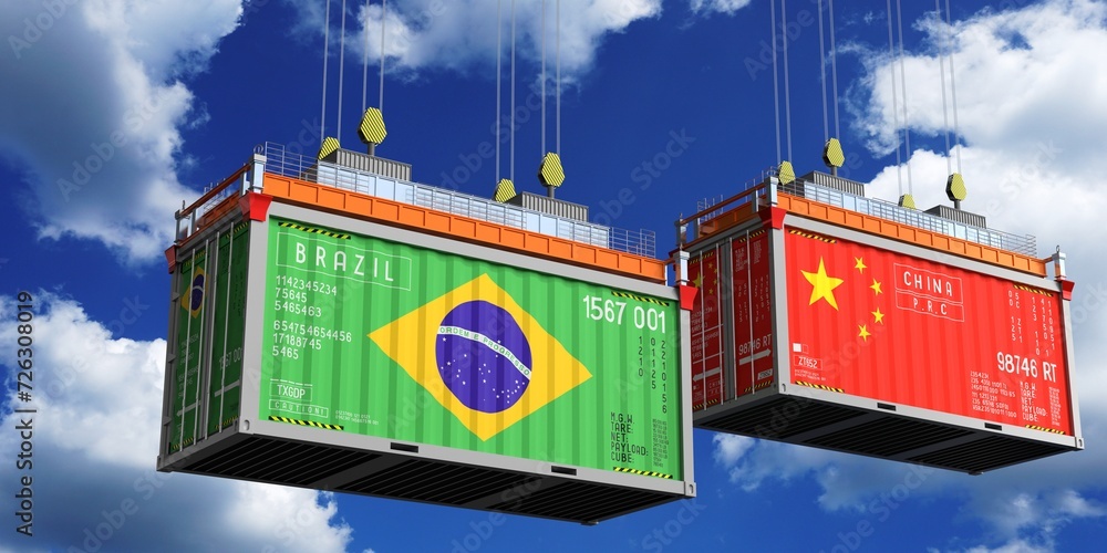Shipping containers with flags of Brazil and China - 3D illustration