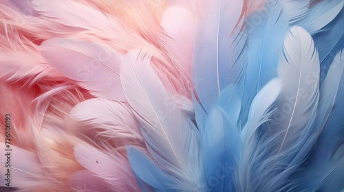 Closeup detail of soft silk pastel pink blue colored feathers, top view.