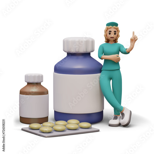 Nurse shows victory sign. Concept of successful treatment. 3D blister pack, bottles with medicines